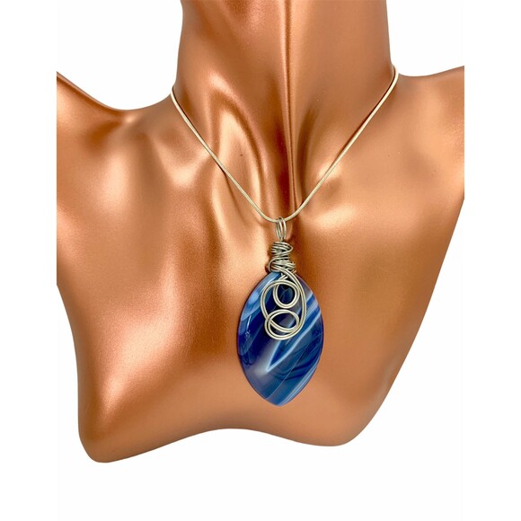 Striped Agate Necklace: Wire Wrapped Silver Snake Chain - Picture 2 of 6